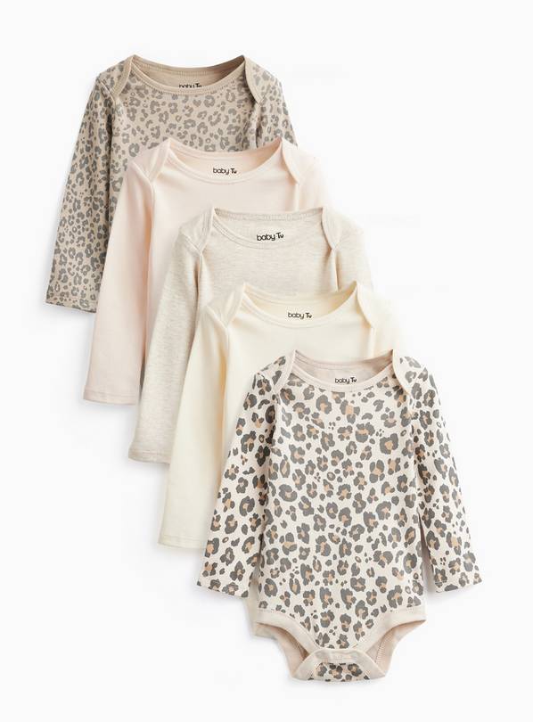 Cream & Animal Print Long Sleeve Bodysuits 5 Pack 12-18 months
